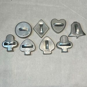 Vtg SET Aluminum Cookie Cutter w/ Handle Metal Bell Heart Diamond Spade Club Clo